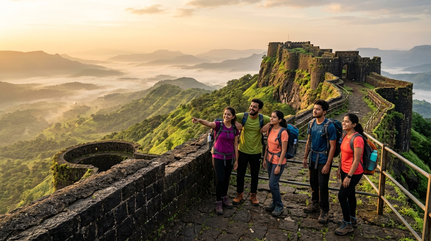 Medical students at the historic stone ramparts of Rajgad Fort overlooking Sahyadri valleys